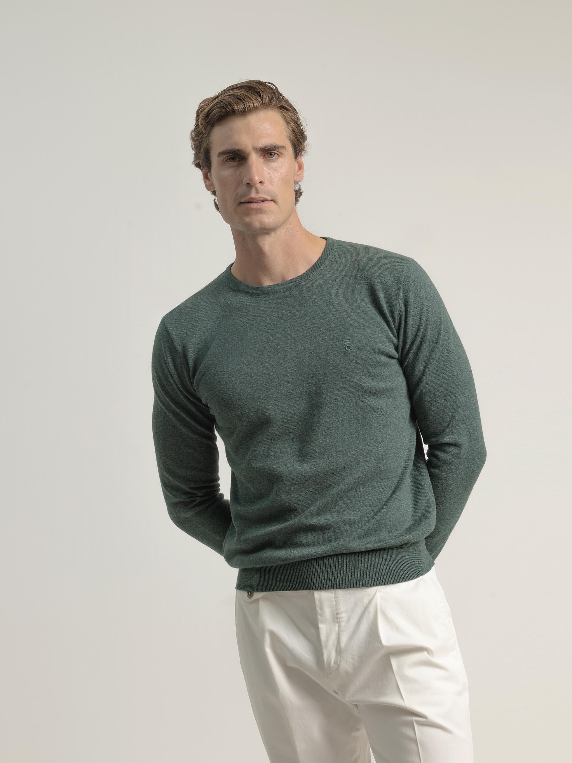 FOREST GREEN COTTON ROUND NECK SWEATER