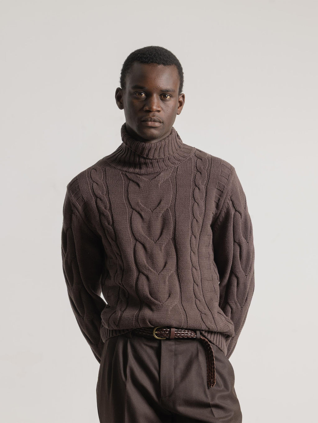 CHOCOLATE HIGH NECK CABLE KNIT SWEATER