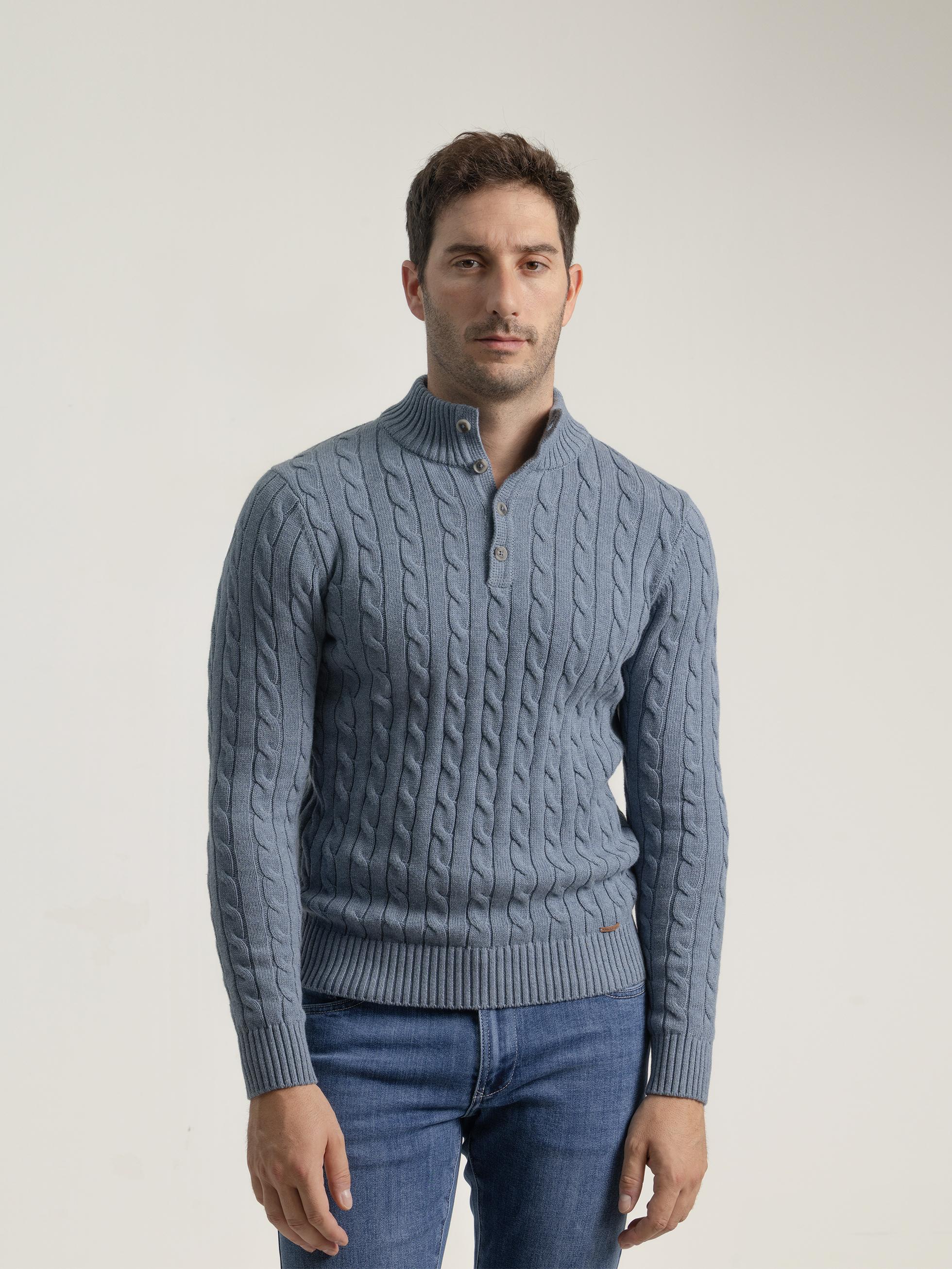BLUE MOCK NECK CABLE KNIT JERSEY