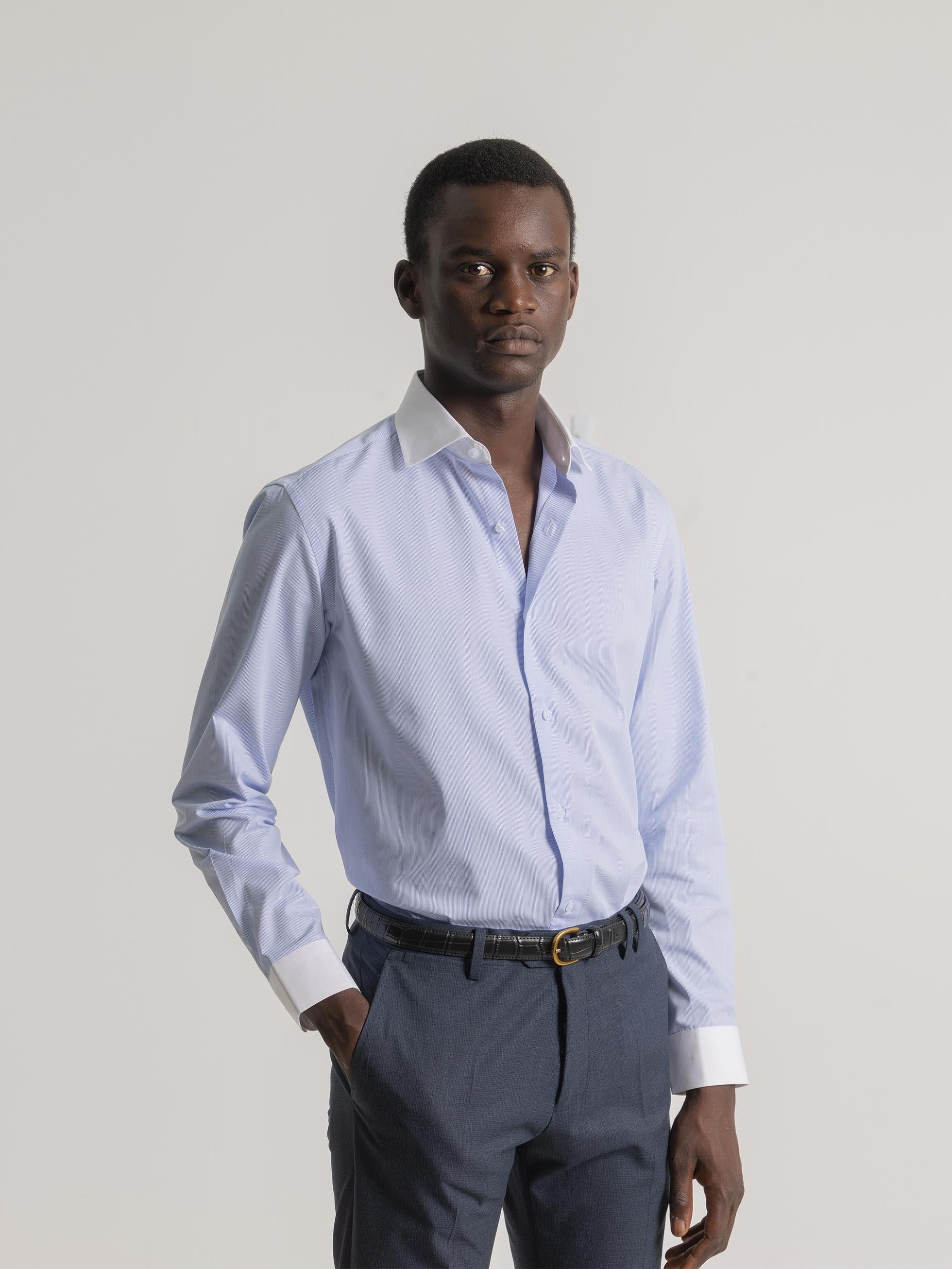 LIGHT BLUE CONTRAST COLLAR STRIPED DRESS SHIRT