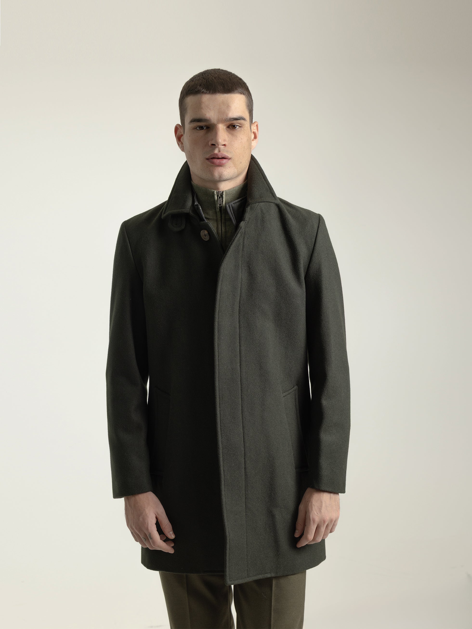 GREEN LODEN WOOL COAT WITH DETACHABLE COLLAR