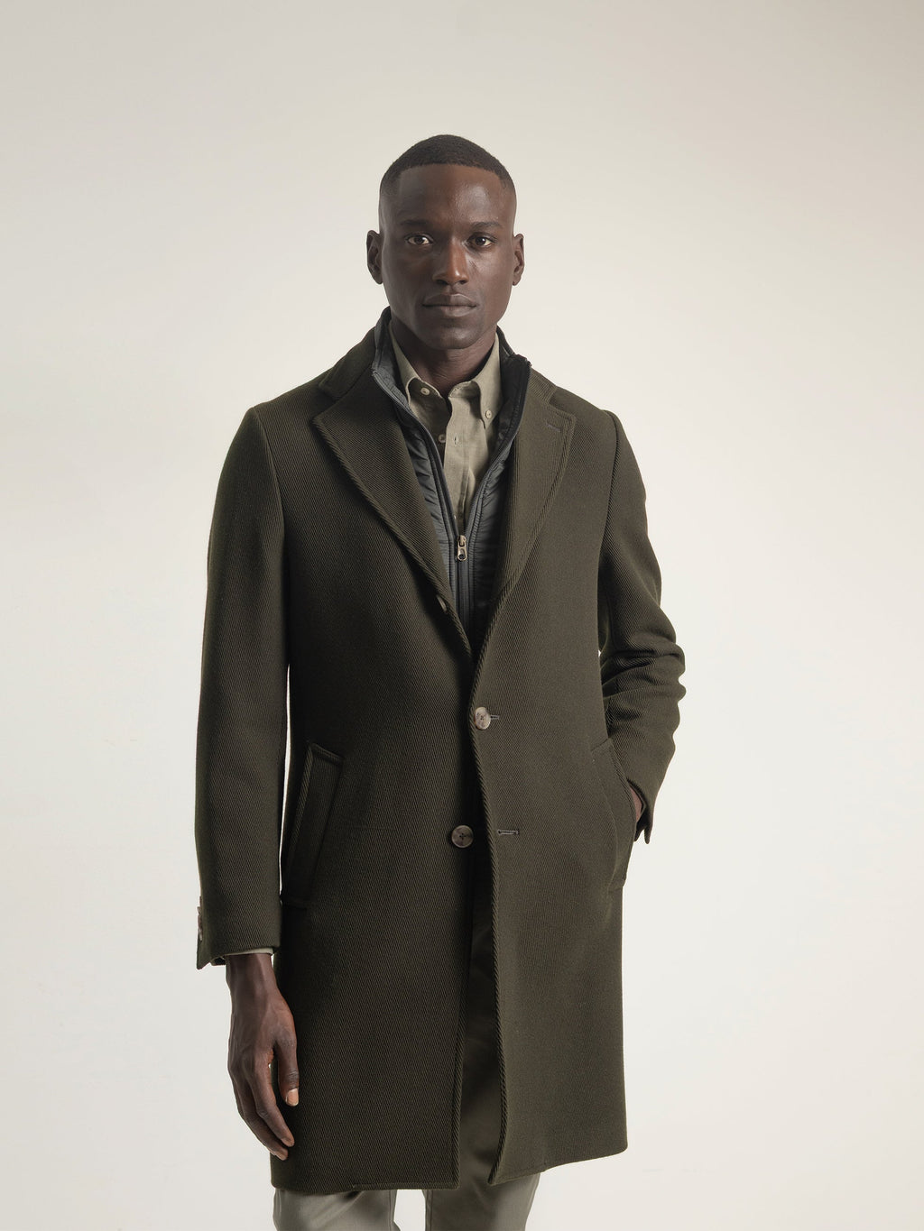 DARK GREEN WOOL COAT WITH DETACHABLE COLLAR