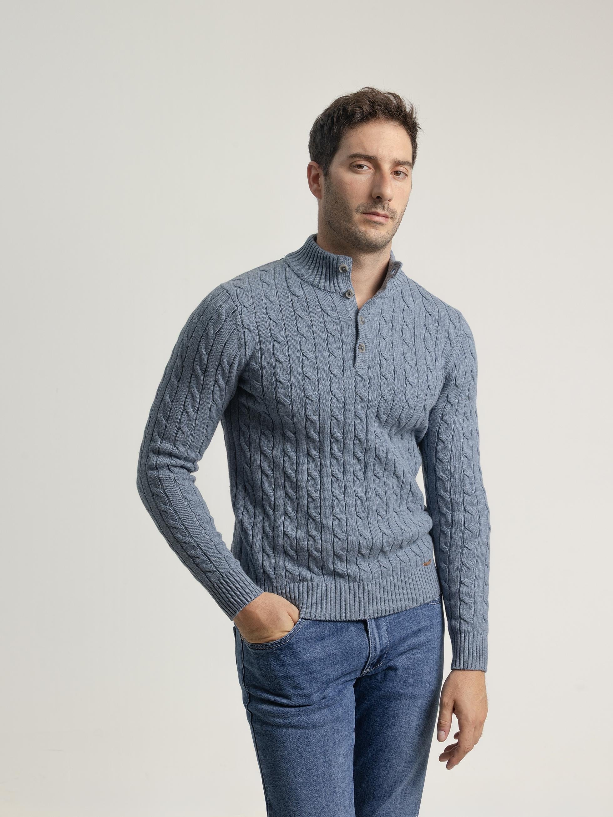BLUE MOCK NECK CABLE KNIT JERSEY