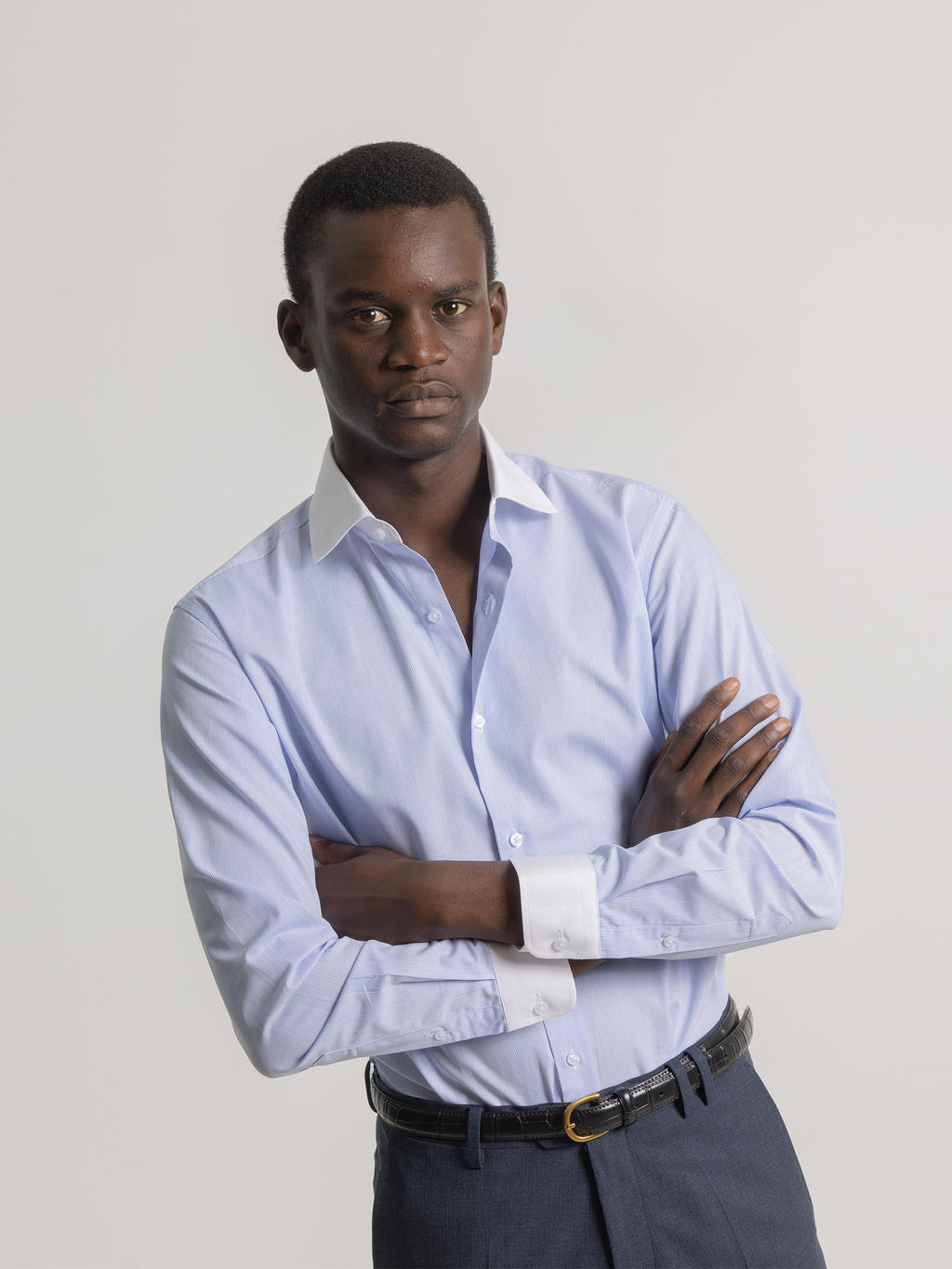 LIGHT BLUE CONTRAST COLLAR STRIPED DRESS SHIRT