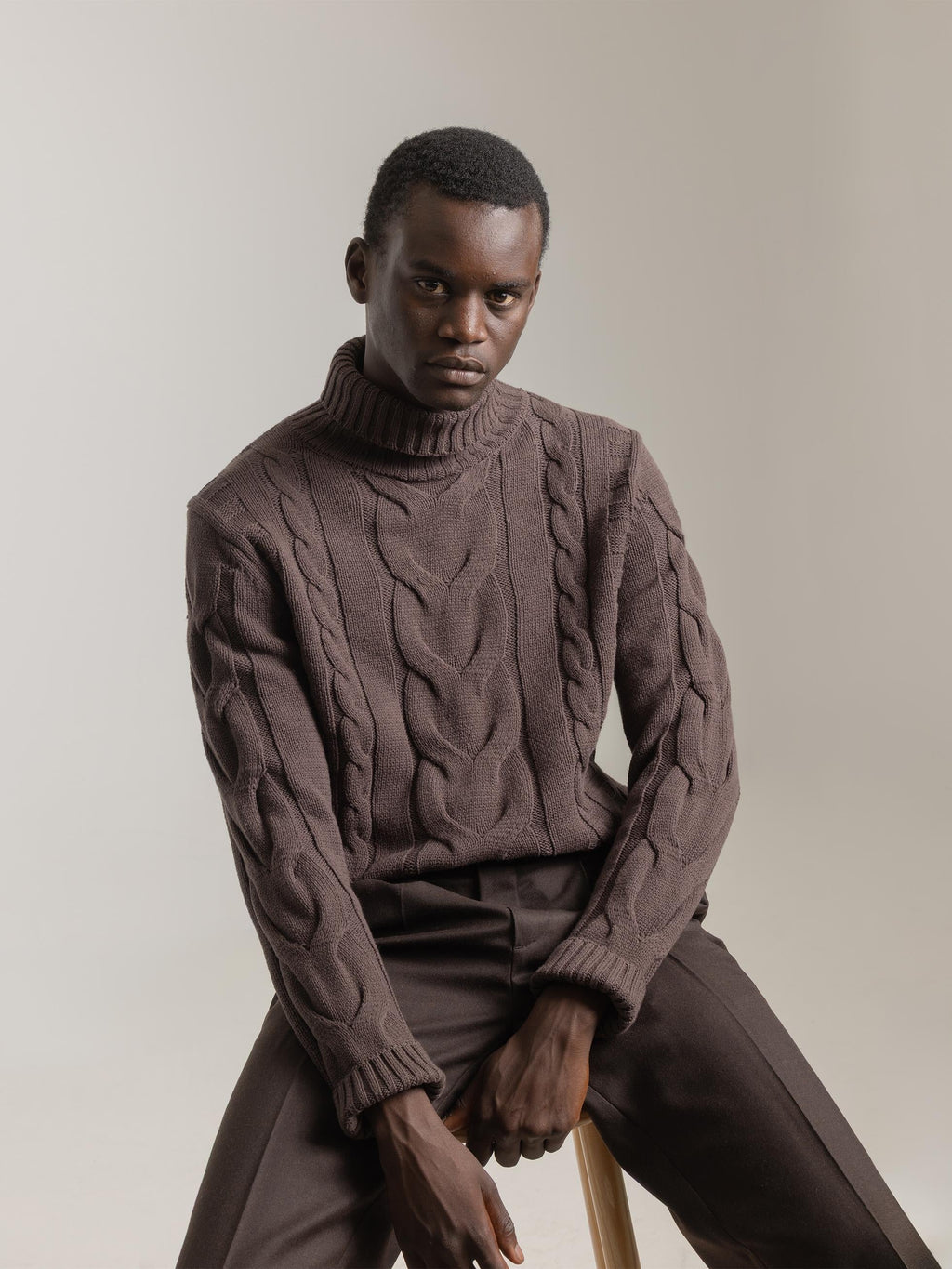 CHOCOLATE HIGH NECK CABLE KNIT SWEATER