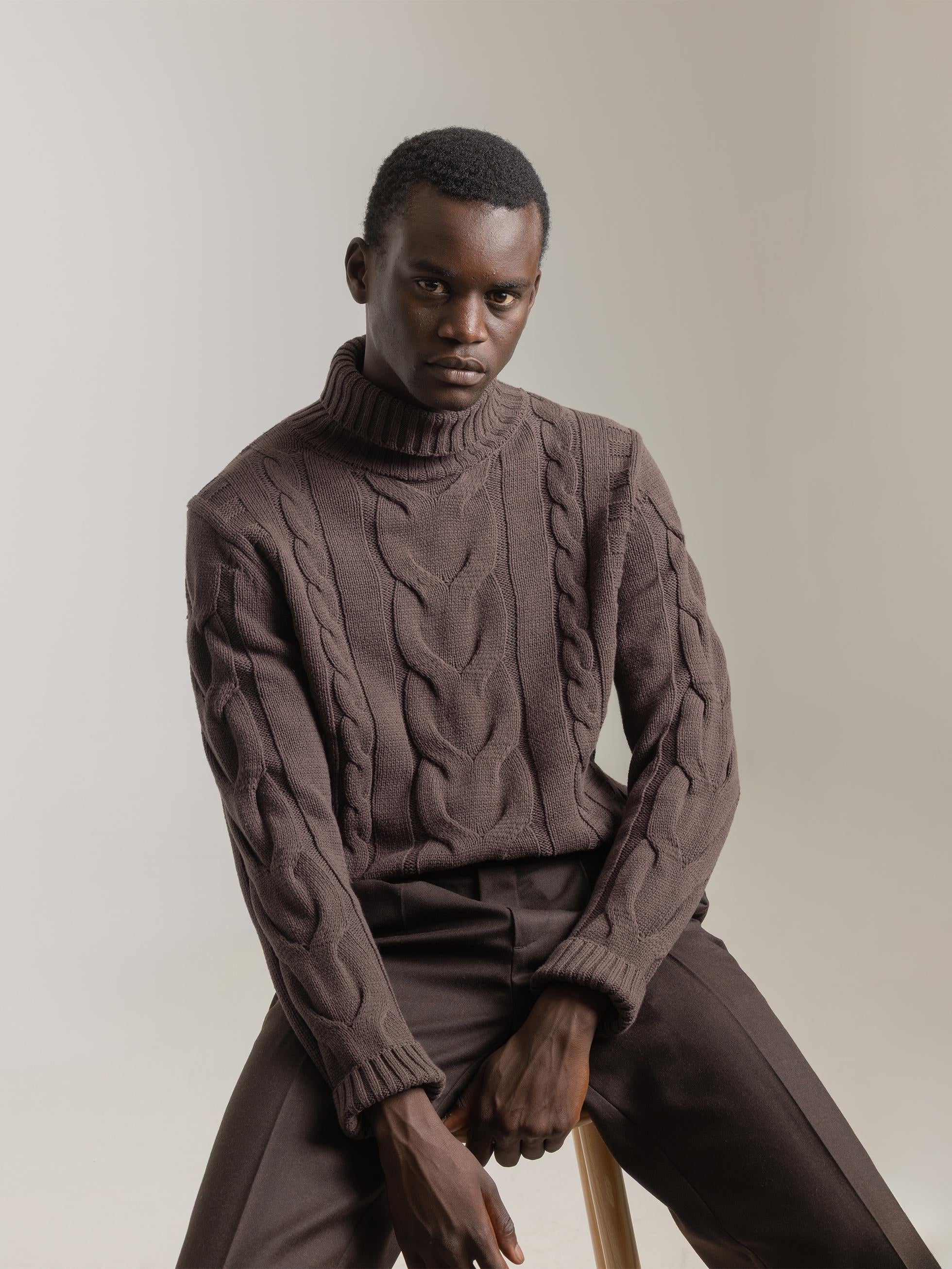 CHOCOLATE HIGH NECK CABLE KNIT SWEATER