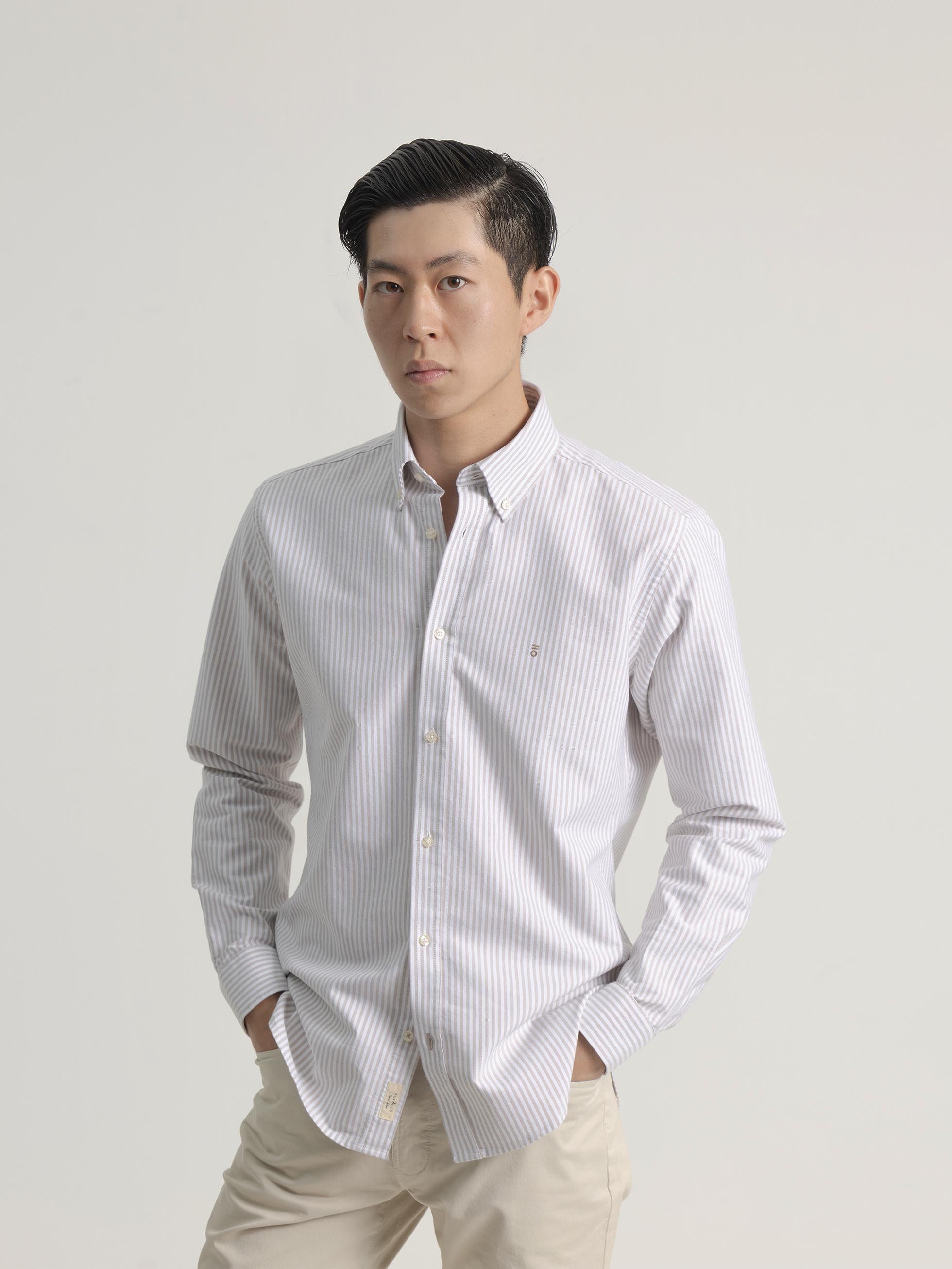 BEIGE COTTON STRIPED OXFORD SHIRT