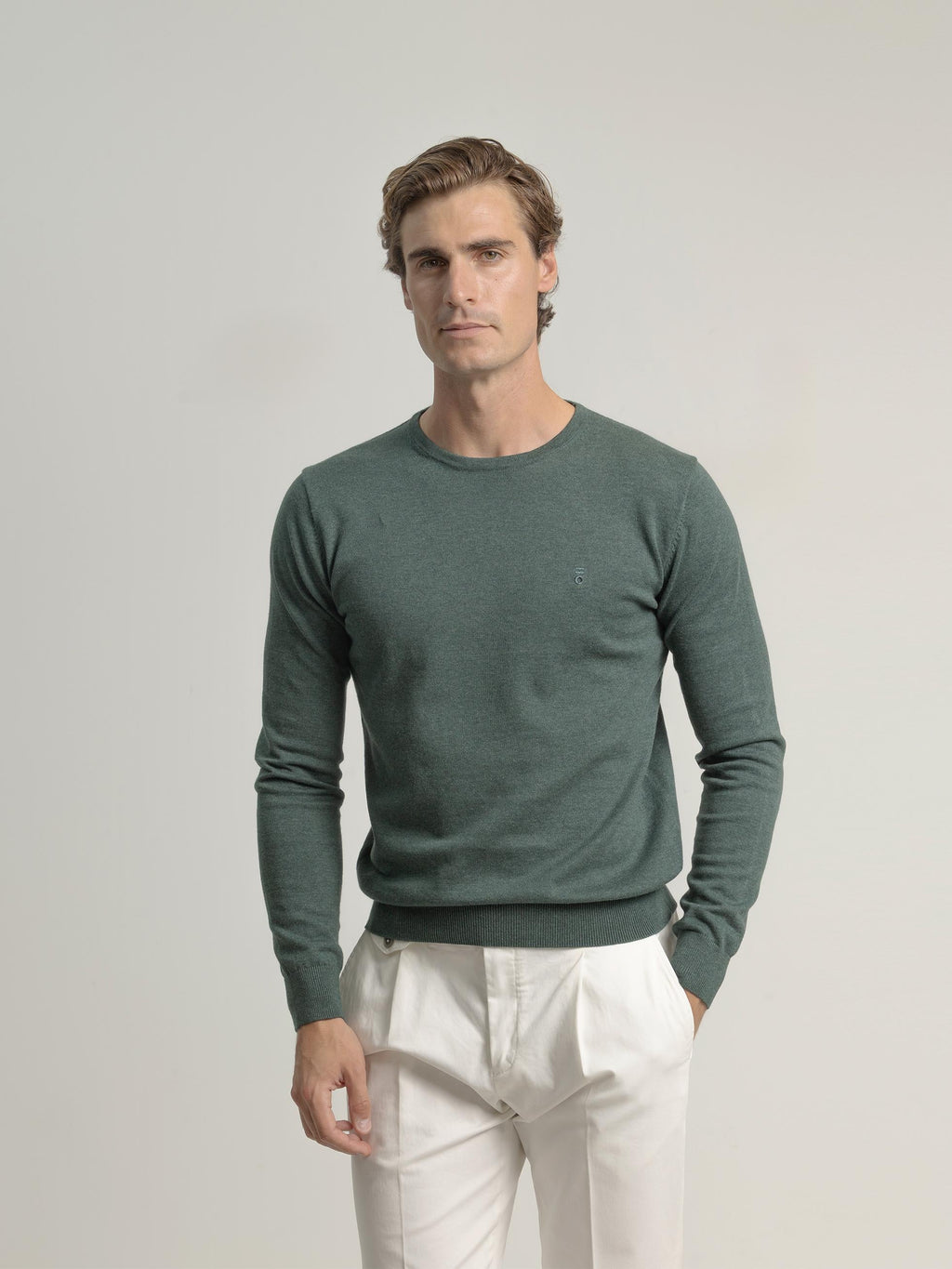 FOREST GREEN COTTON ROUND NECK SWEATER