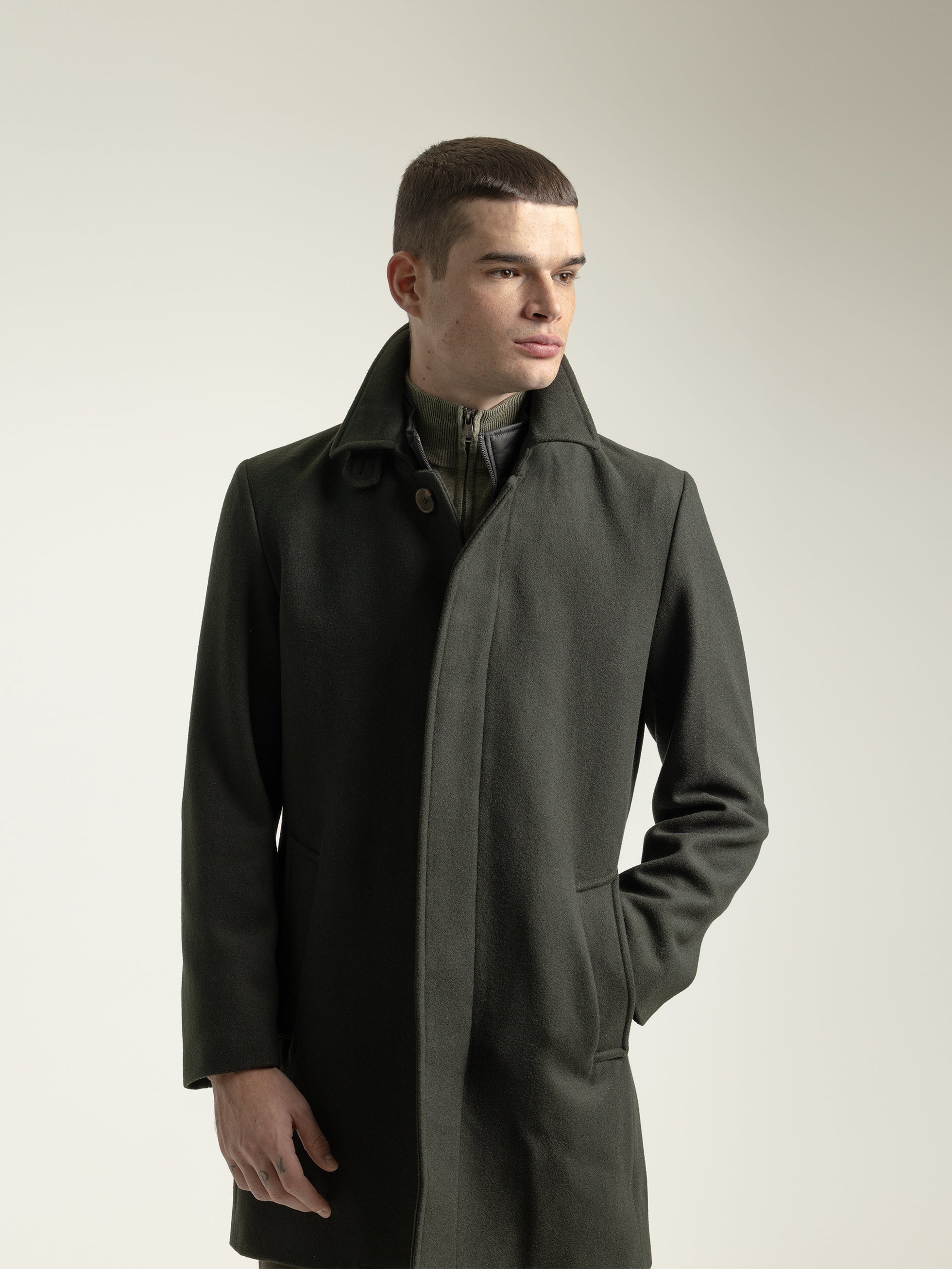 GREEN LODEN WOOL COAT WITH DETACHABLE COLLAR