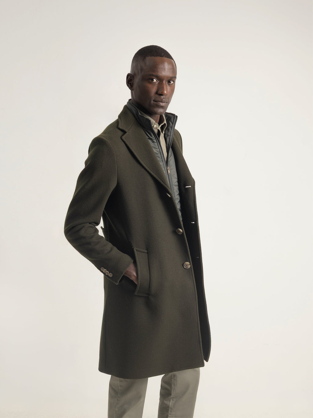 DARK GREEN WOOL COAT WITH DETACHABLE COLLAR