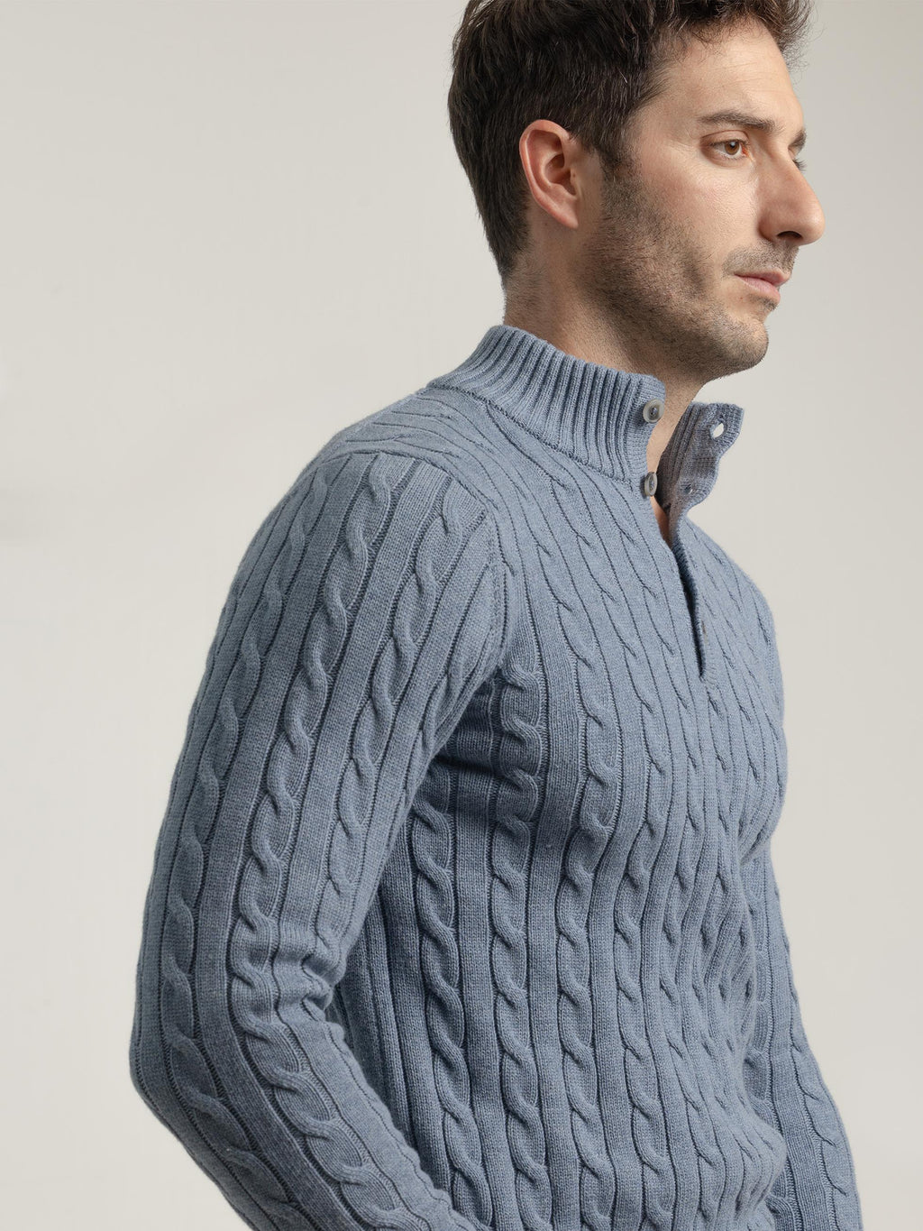 BLUE MOCK NECK CABLE KNIT JERSEY