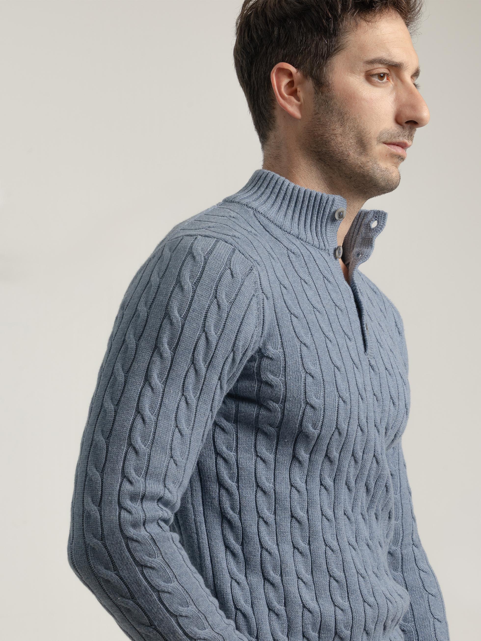 BLUE MOCK NECK CABLE KNIT JERSEY