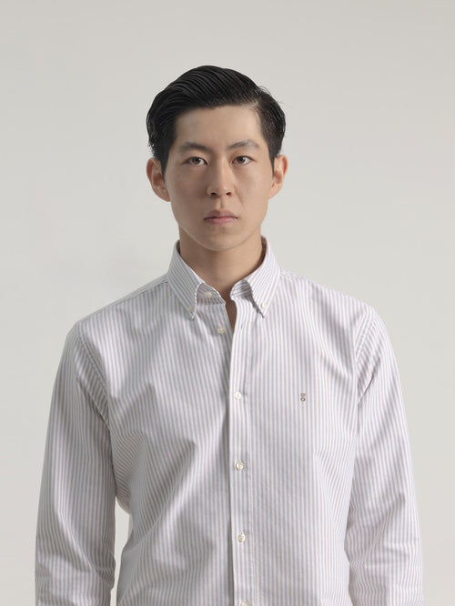 BEIGE COTTON STRIPED OXFORD SHIRT
