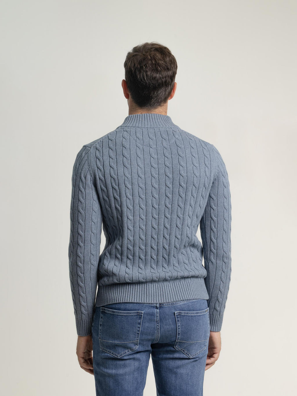 BLUE MOCK NECK CABLE KNIT JERSEY