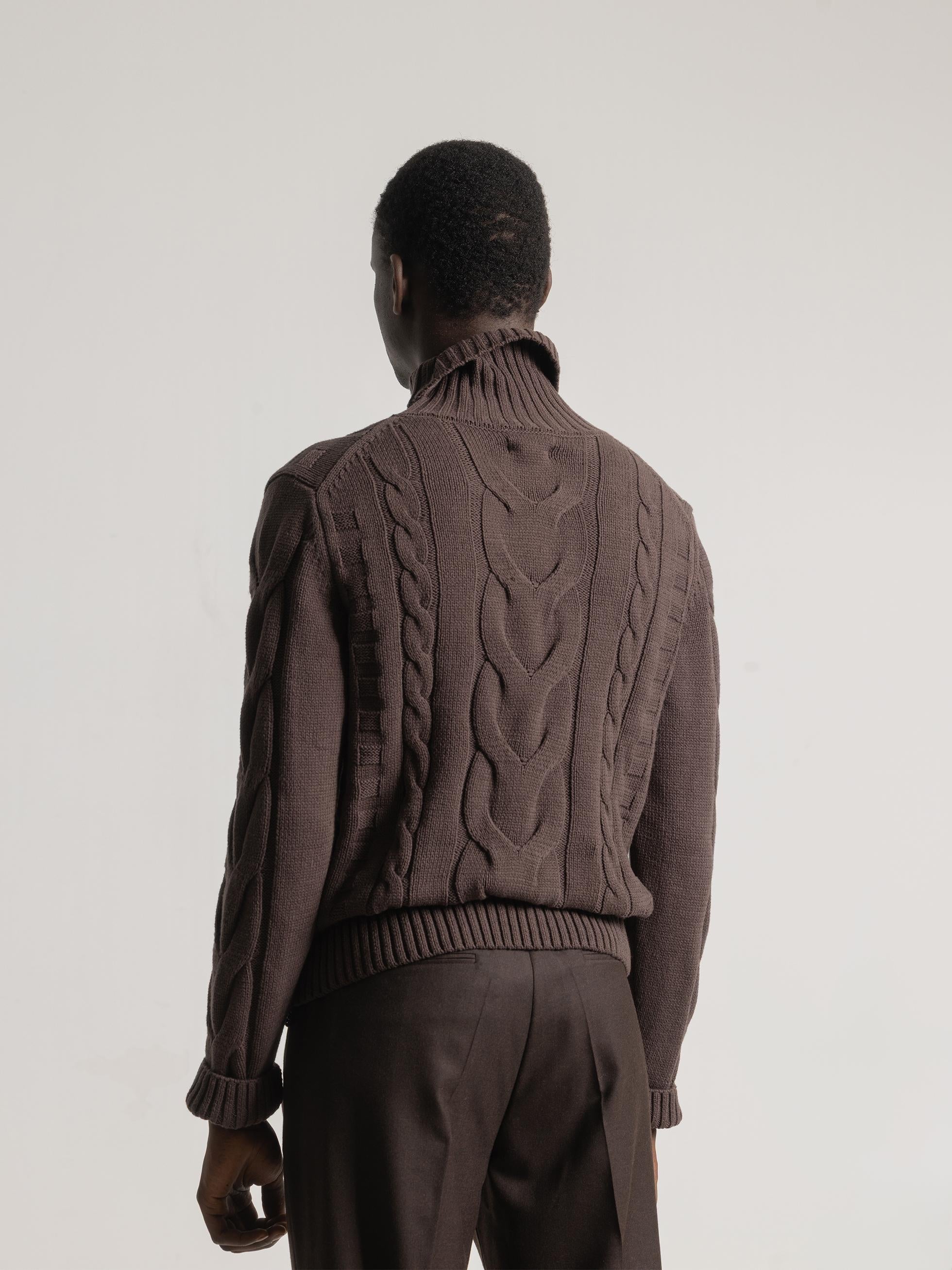 CHOCOLATE HIGH NECK CABLE KNIT SWEATER
