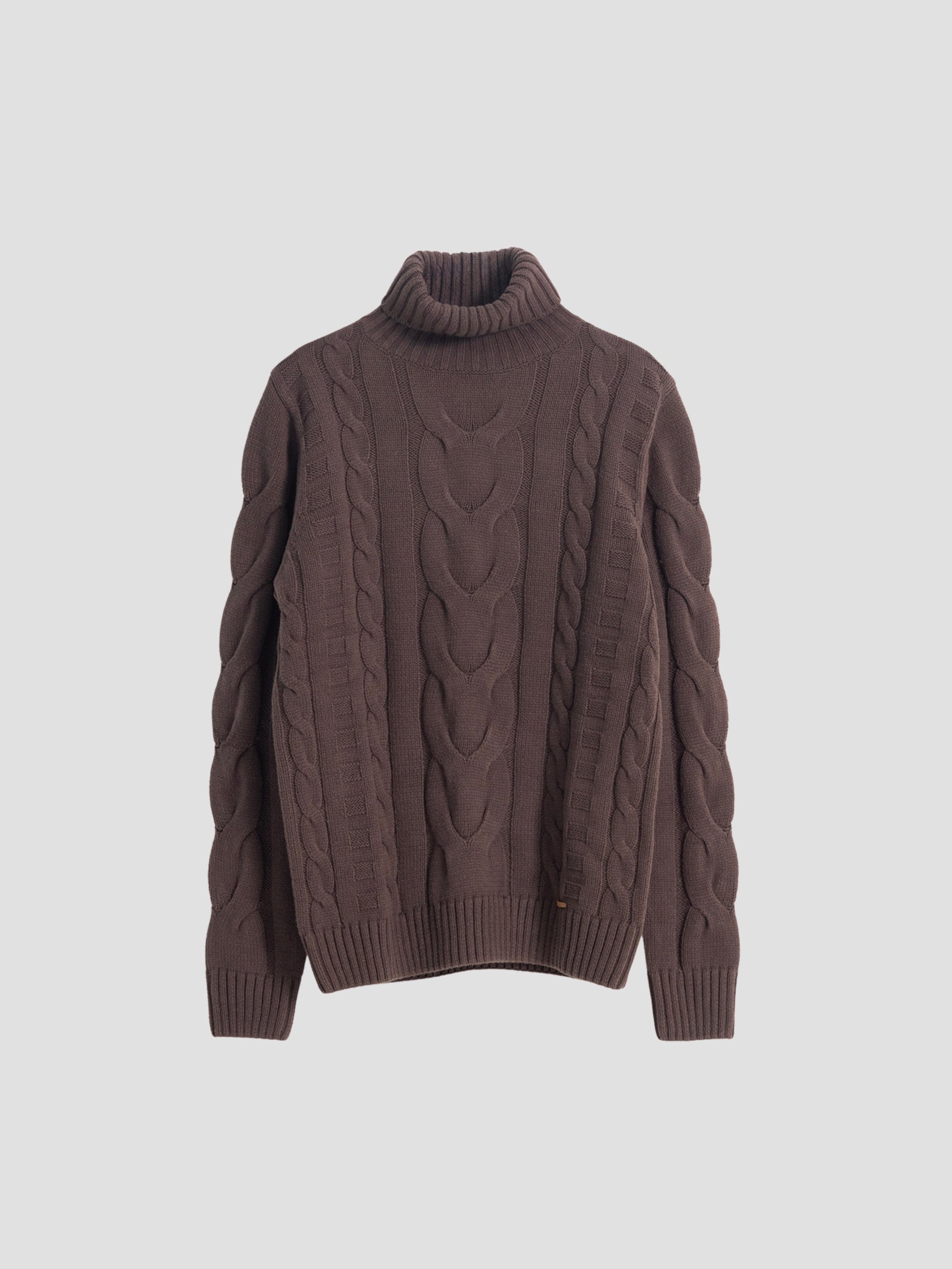 CHOCOLATE HIGH NECK CABLE KNIT SWEATER